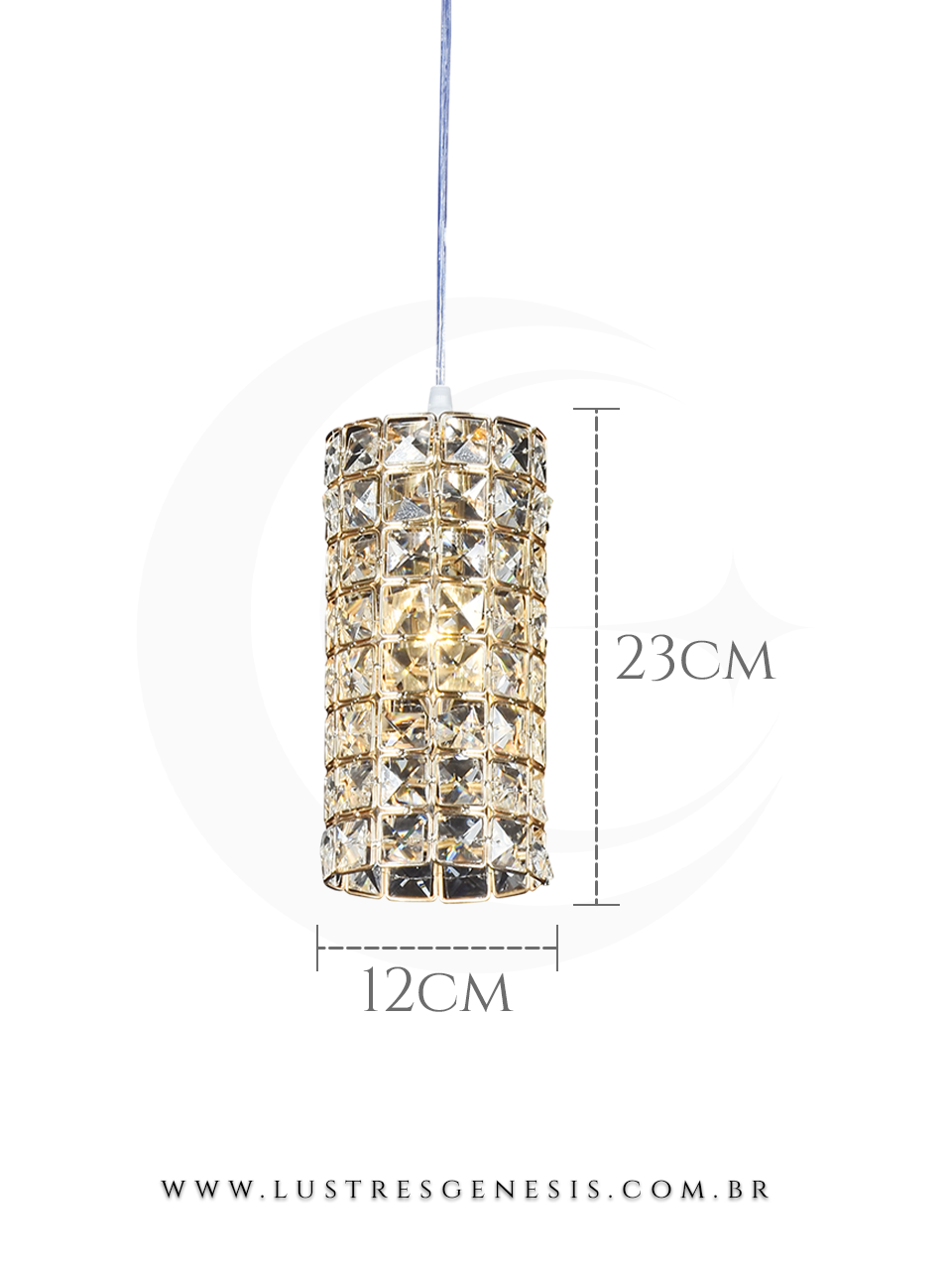 Pendente de cristal redondo Tube com estrutura dourada, medindo 23 cm de altura e 12 cm de diâmetro, ideal para bancadas, mesas de cabeceira, lavabos e ilhas, da marca Sindora.